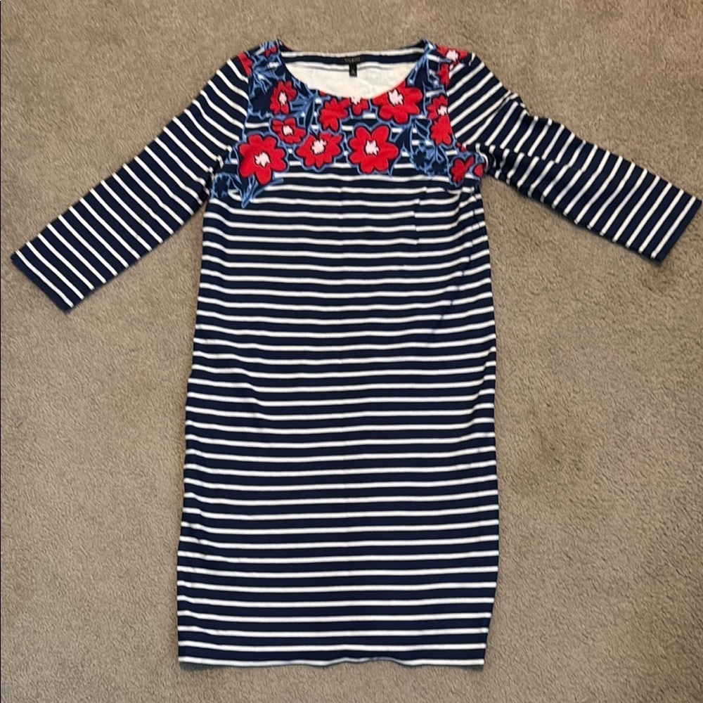 Talbots Navy and White Striped Dress with Red Floral Design